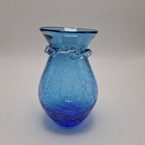 Pilgrim Crackle Glass Hand Blown Blue Vase with Clear Ribbed Applied Decoration
